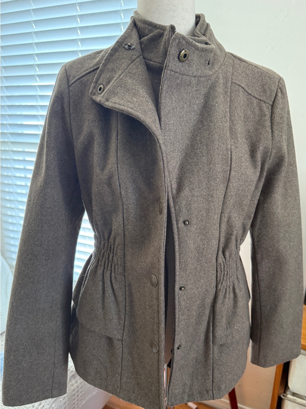 New York & Company Taupe Drawstring-Waist Trench Wool Blend Coat